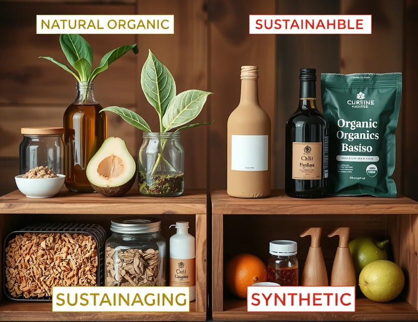 Display of natural vs synthetic products with organic ingredients and sustainable packaging